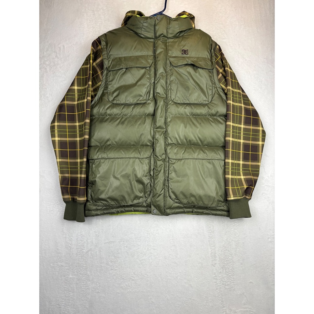 DC Shoes Exotex Puffer Jacket Convertible Vest Olive Green Plaid SnowBoarding